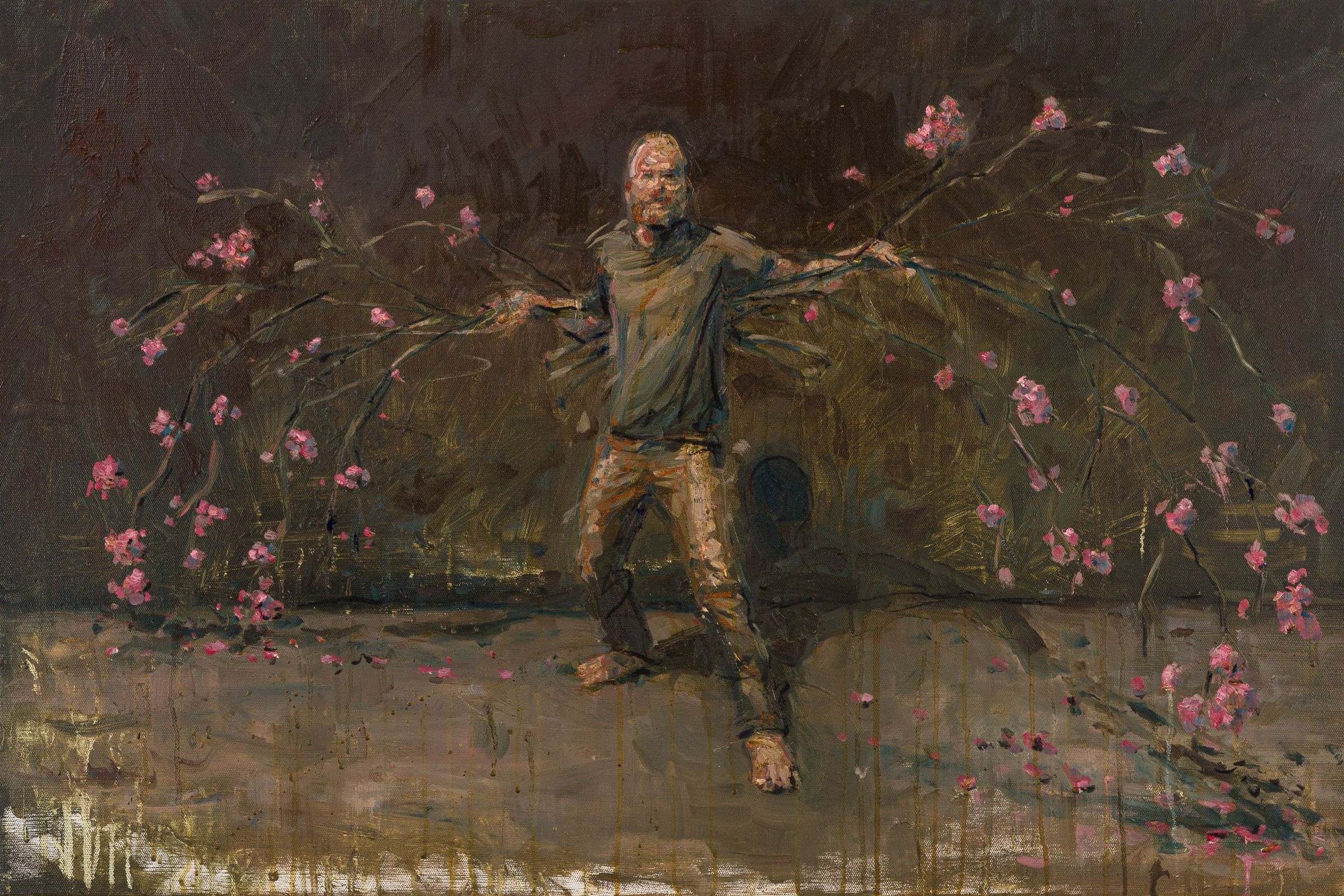 Oliemaleri med en mand, der bærer blomstrende grene ud fra kroppen, værk af kunstneren, titel “7”, studie til “Lånte fjer”, 60x90 cm, 2024.
